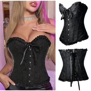 Women Lace Up Lg Floral Corset Burlesque Boned Overbust Ribbon Brocade Bustier